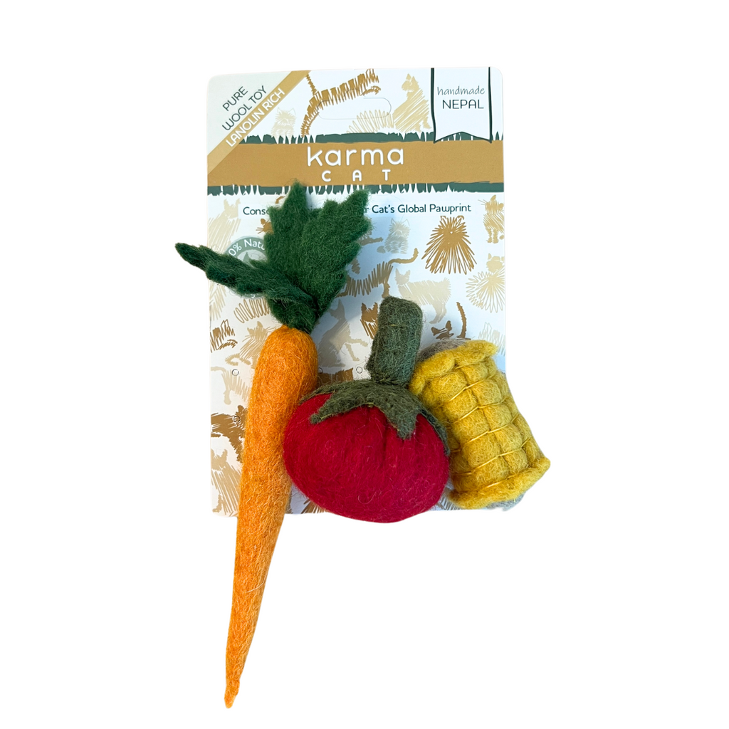 Veggie Delight Trio: Carrot, Tomato, & Corn Wool Toys for Cats