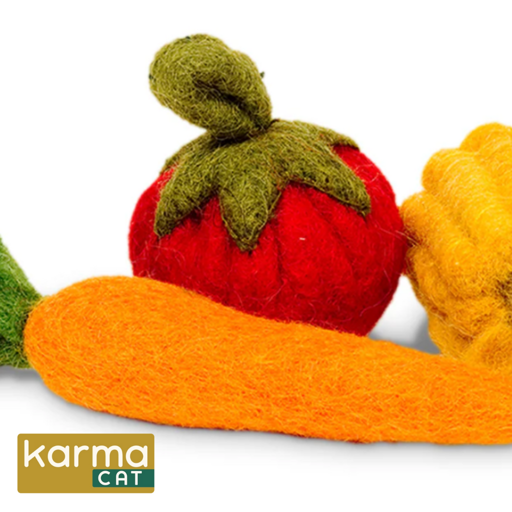 Veggie Delight Trio: Carrot, Tomato, & Corn Wool Toys for Cats